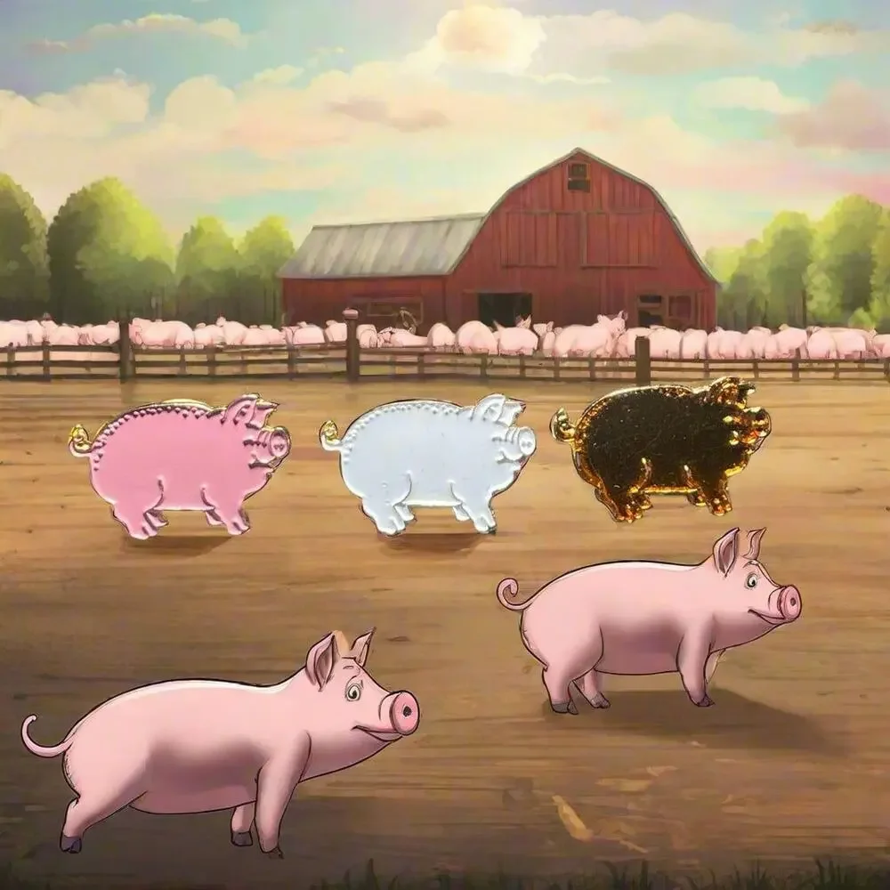 Vintage White, Pink, and Gold Farm Animal Pigs Enamel Lapel Pins Collection Lot